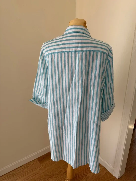 New! Chico's women’s Sz 3/XL shirtail tunic Striped 3/4 sleeve aqua linen shirt. - Picture 5 of 8